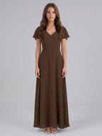 Mocha Chiffon A-Line V-Neck Keyhole Back Floor-Length Bridesmaid Dress - Curvevia