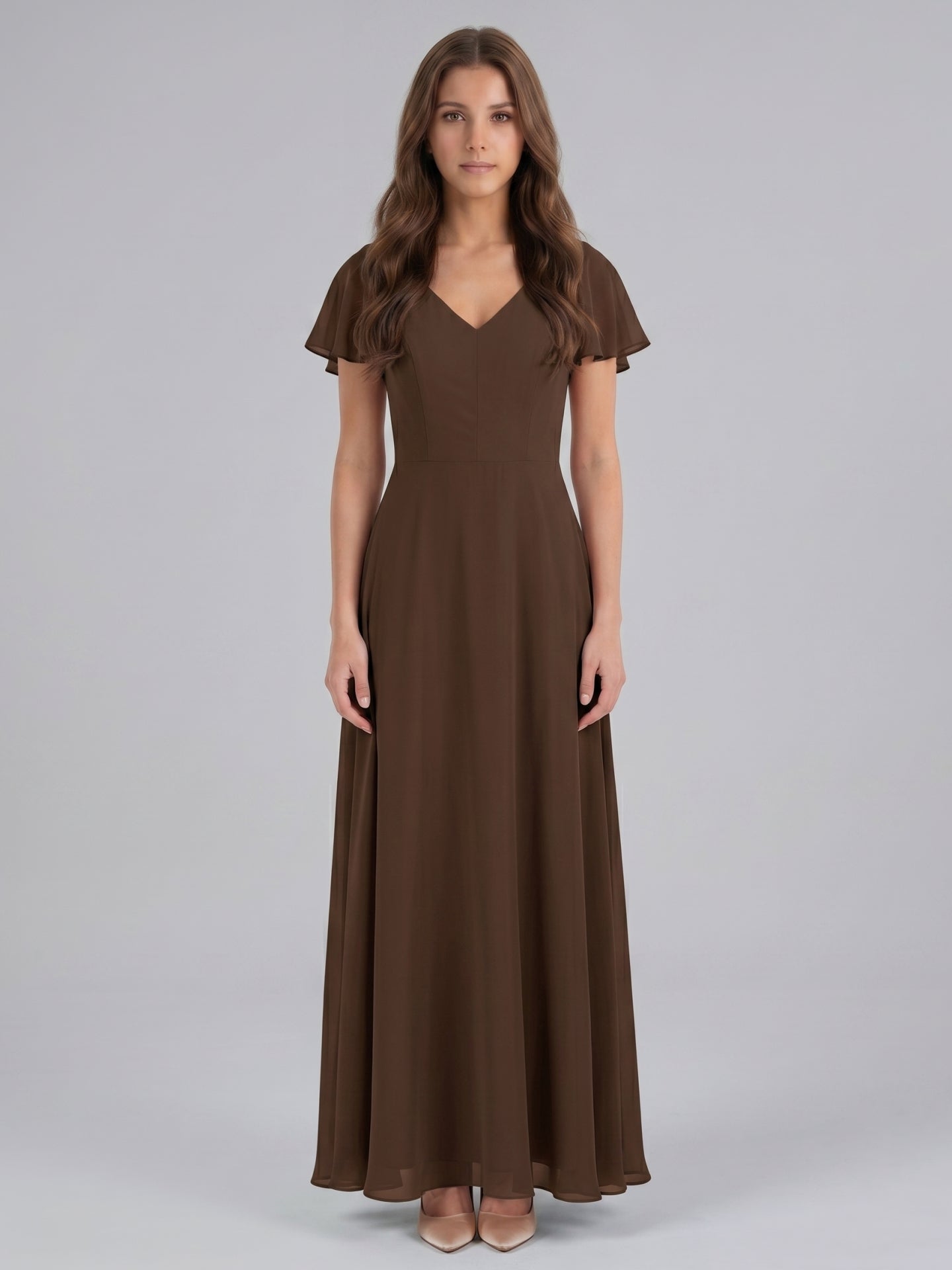 Mocha Chiffon A-Line V-Neck Keyhole Back Floor-Length Bridesmaid Dress - Curvevia