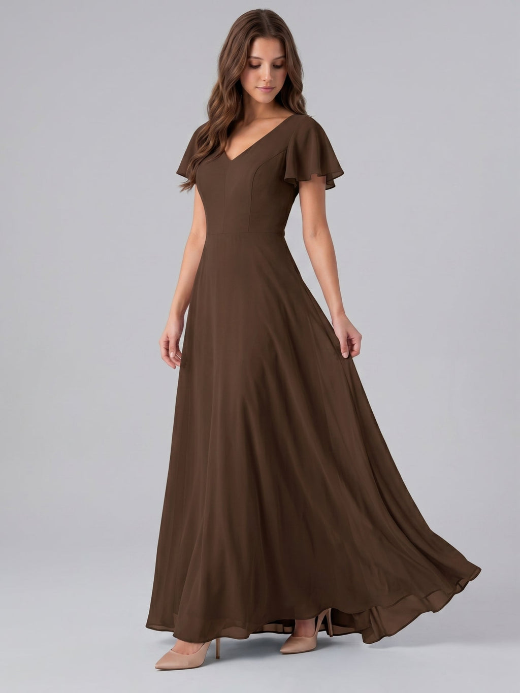 Mocha Chiffon A-Line V-Neck Keyhole Back Floor-Length Bridesmaid Dress - Curvevia