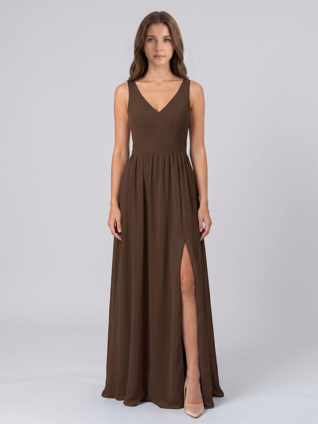 Mocha Chiffon A-Line V-Neck Backless Floor-Length Pleated Bridesmaid Dress - Curvevia