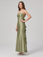 Elegant Sage Green Satin mermaid Straight Neck Backless with Bow Ankle-Length Bridesmaid Dress - Curvevia