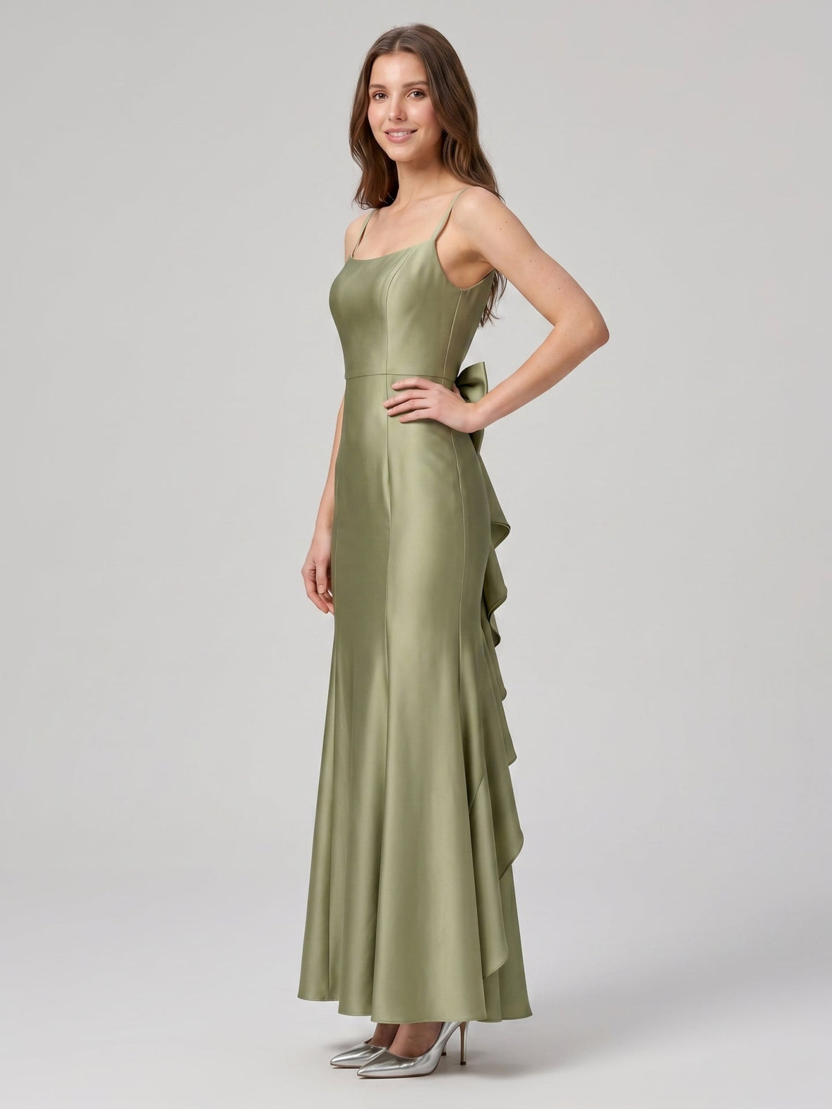 Elegant Sage Green Satin mermaid Straight Neck Backless with Bow Ankle-Length Bridesmaid Dress - Curvevia
