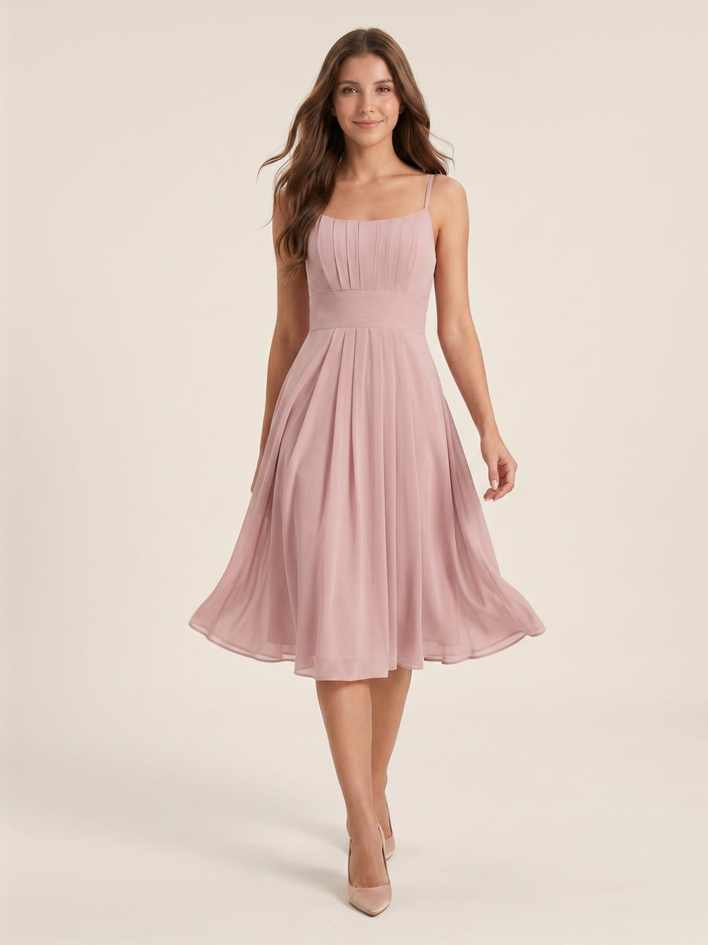 Coquette Dusty Rose Chiffon A-Line Straight Neck Back Zip with nan Knee-Length Bridesmaid Dress - Curvevia