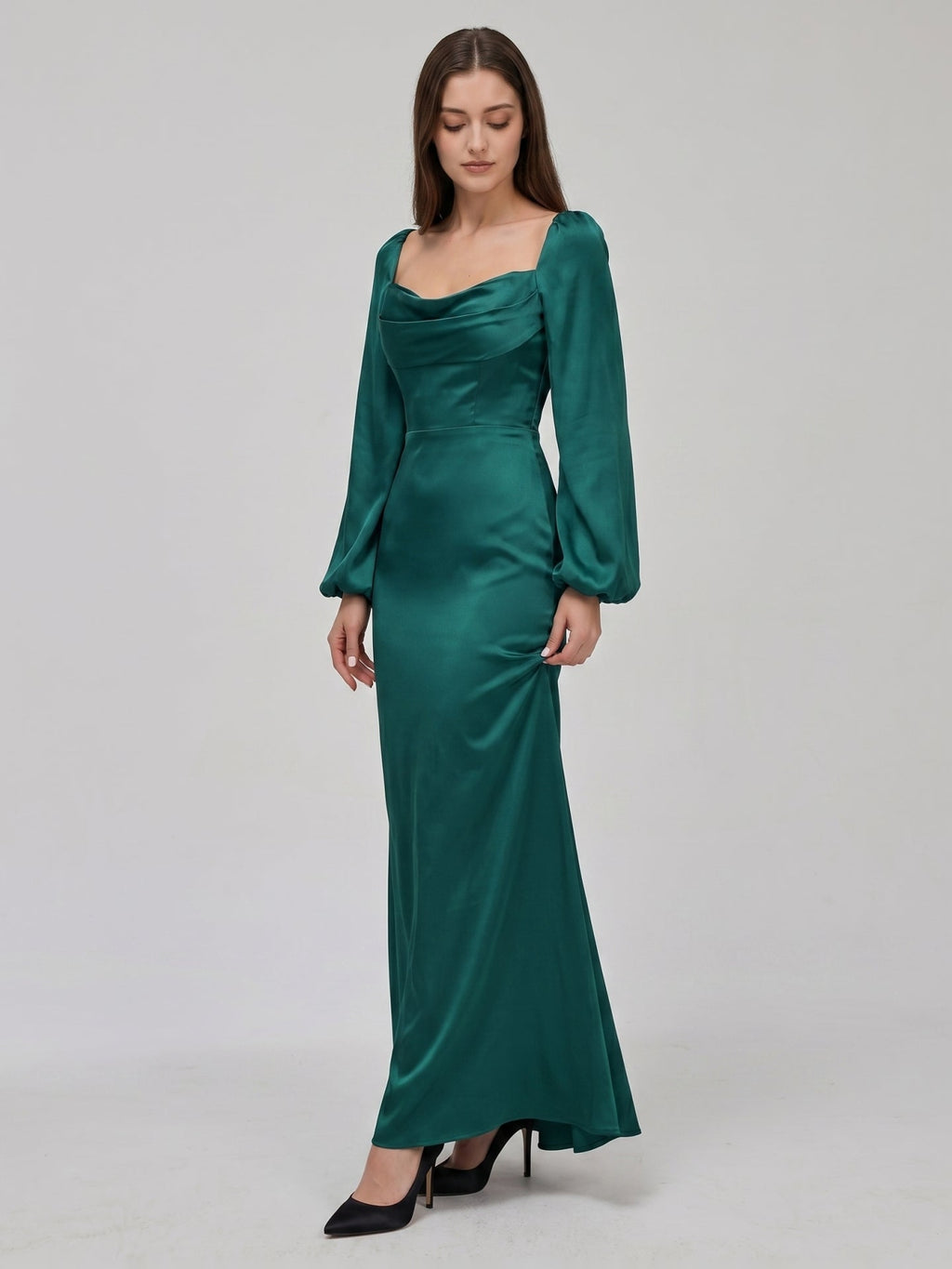 Peacock Satin Sheath Cowl Neck Back Zip Floor-Length Bridesmaid Dress - Curvevia