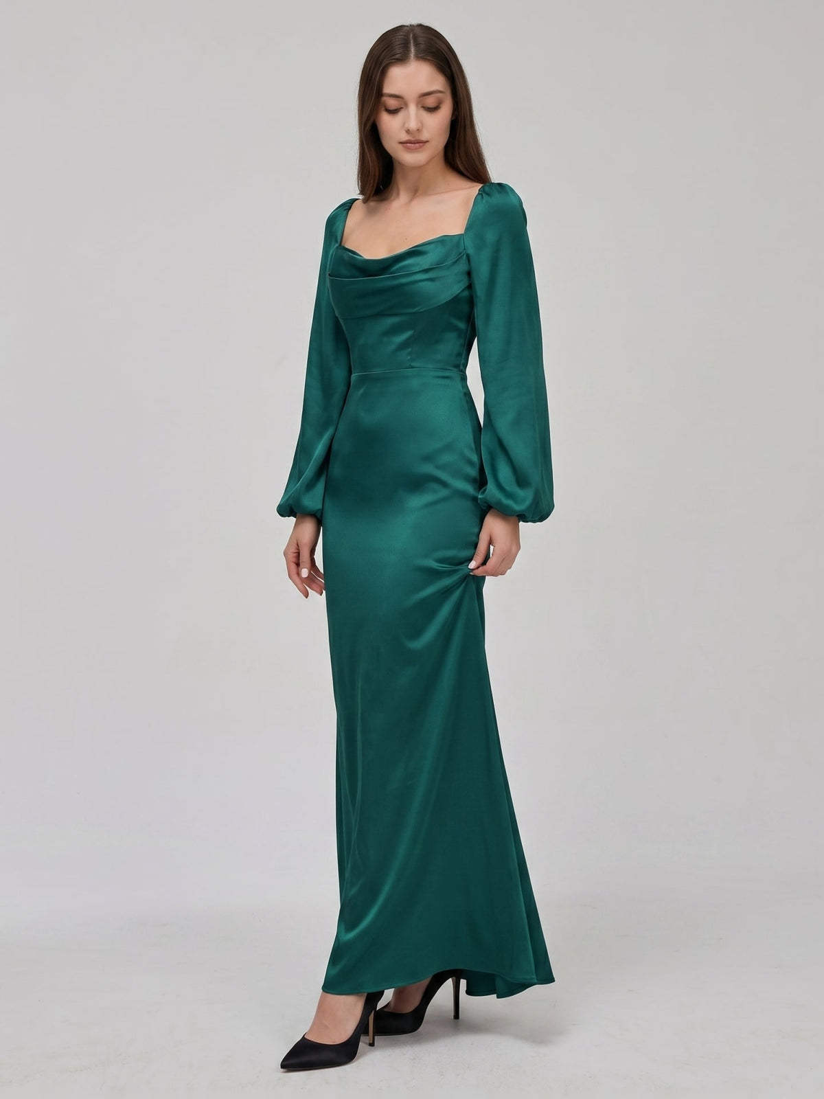 Peacock Satin Sheath Cowl Neck Back Zip Floor-Length Bridesmaid Dress - Curvevia