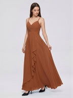 Terracotta Chiffon A-Line V-Neck Backless Floor-Length Pleated Bridesmaid Dress - Curvevia