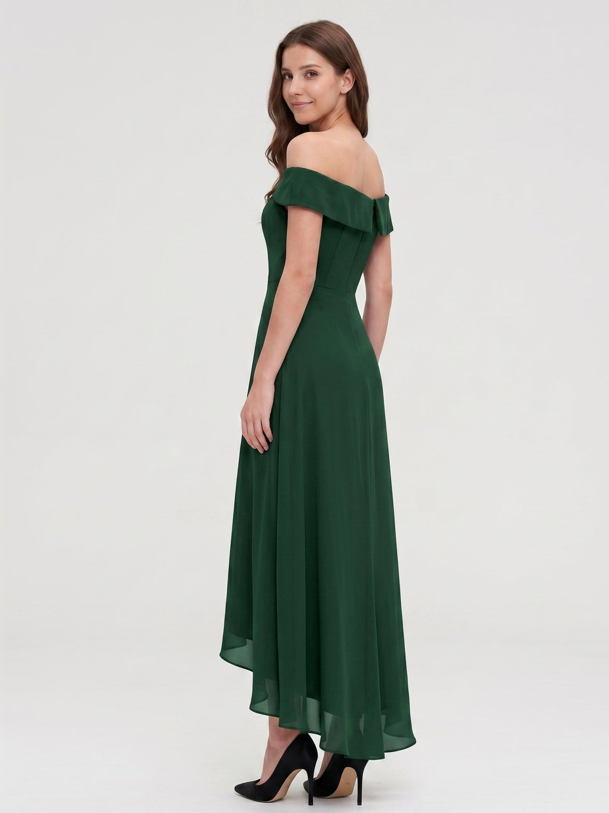Forest Green Chiffon A-Line Off-the-Shoulder Back Zip Asymmetrical Bridesmaid Dress - Curvevia