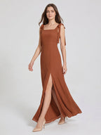 Terracotta Chiffon A-Line Square Neck Backless Floor-Length Bridesmaid Dress with Bow - Curvevia