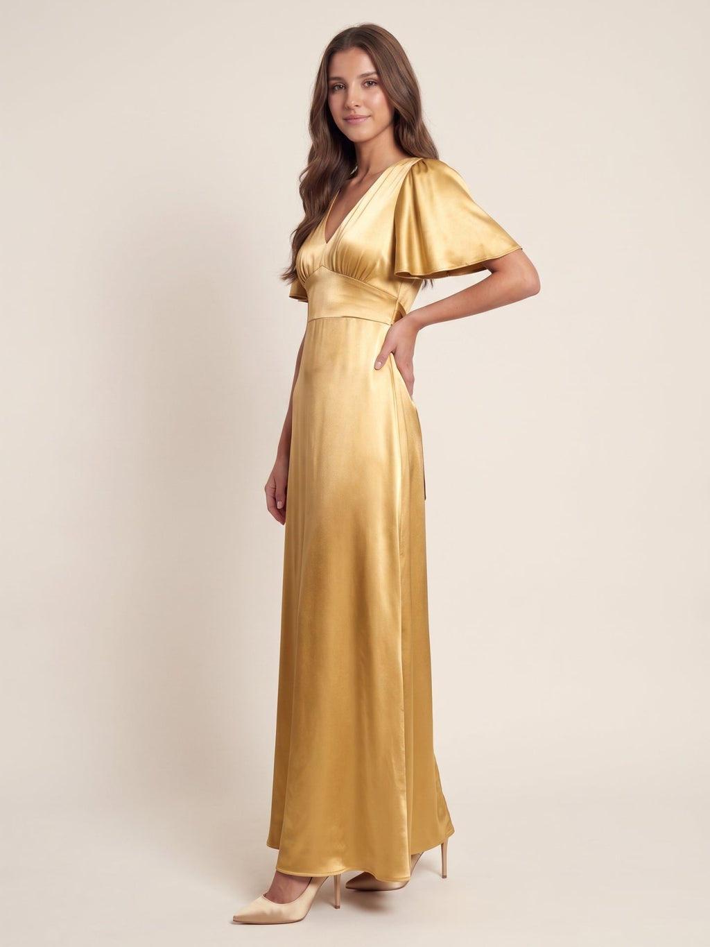 Elegant Gold Satin A-Line V-Neck V-Back Ankle-Length Bridesmaid Dress - Curvevia