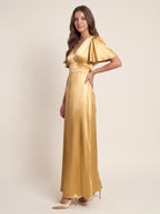 Elegant Gold Satin A-Line V-Neck V-Back Ankle-Length Bridesmaid Dress - Curvevia