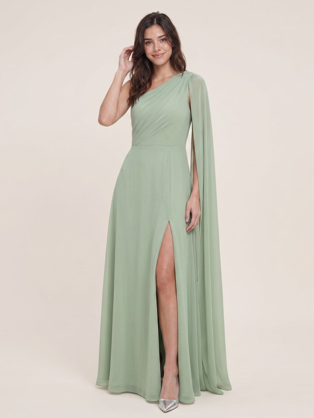 Modern Dusty Sage Chiffon A-Line One Shoulder Side Zip Ankle-Length Bridesmaid Dress - Curvevia