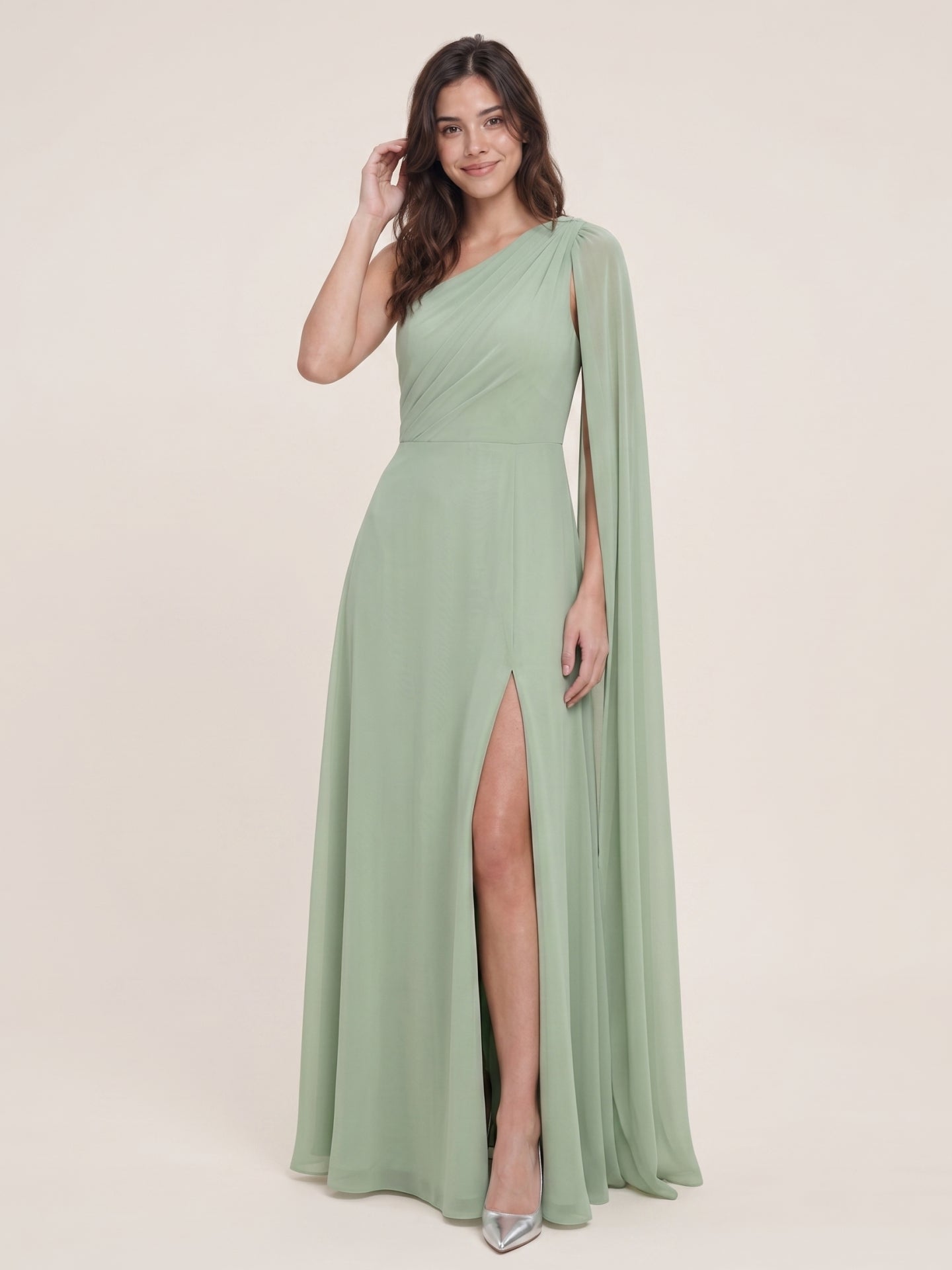 Modern Dusty Sage Chiffon A-Line One Shoulder Side Zip Ankle-Length Bridesmaid Dress - Curvevia