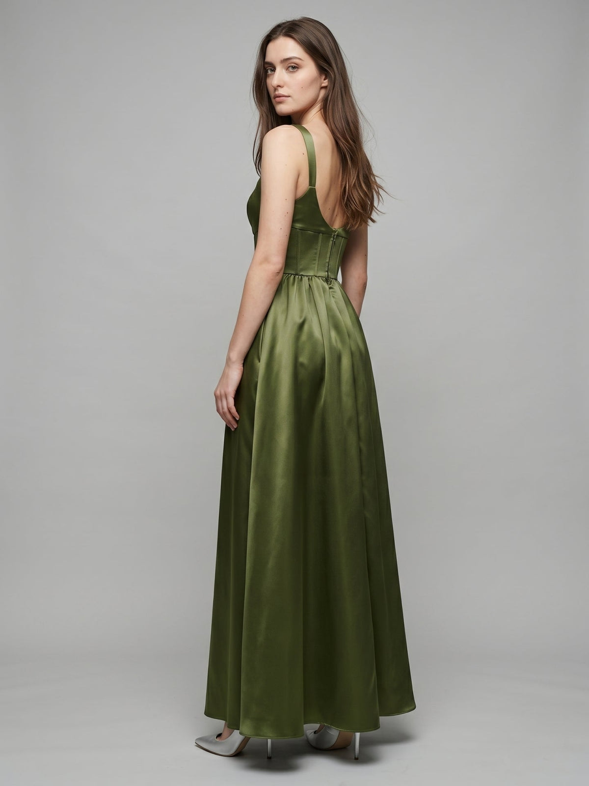 Olive Green Satin A-Line Scoop Neck Backless Floor-Length Bridesmaid Dress with Pockets - Curvevia