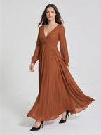 Terracotta Chiffon A-Line V-Neck Back Zip Floor-Length Pleated Bridesmaid Dress - Curvevia
