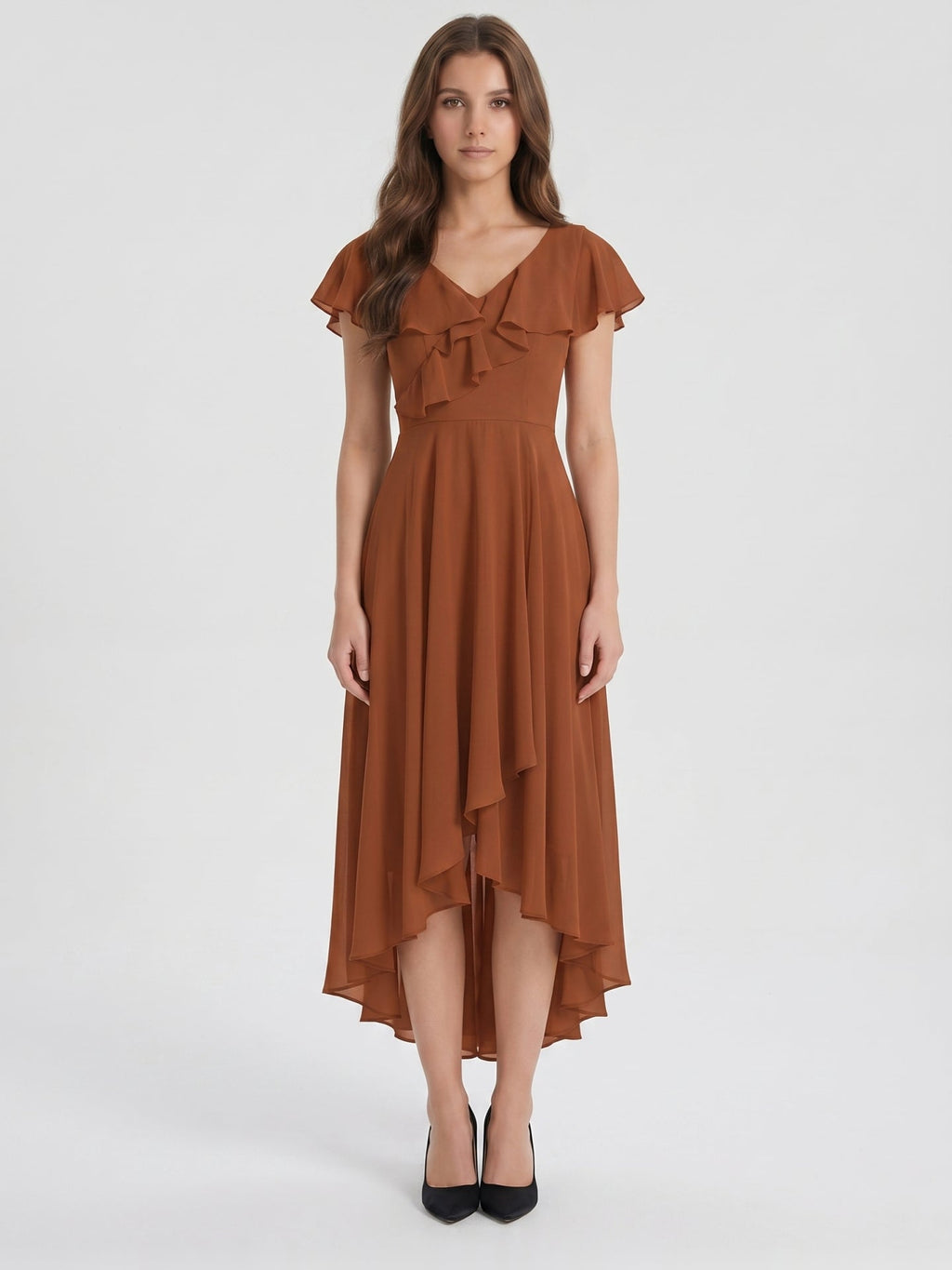 Terracotta Chiffon A-Line V-Neck V-Back Asymmetrical Ruffle Bridesmaid Dress - Curvevia