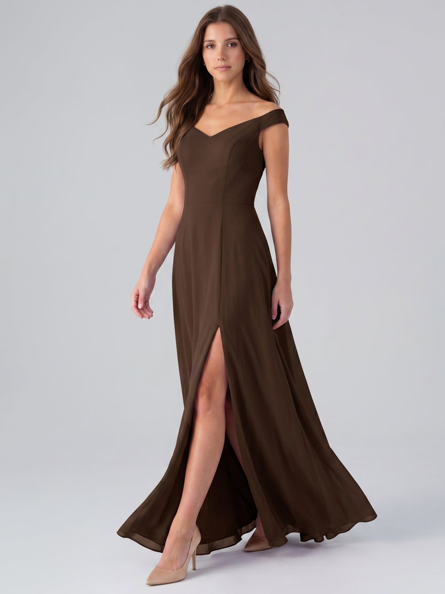 Mocha Chiffon A-Line Sweetheart V-Back Floor-Length Bridesmaid Dress - Curvevia