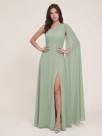 Modern Dusty Sage Chiffon A-Line One Shoulder Side Zip Ankle-Length Bridesmaid Dress - Curvevia