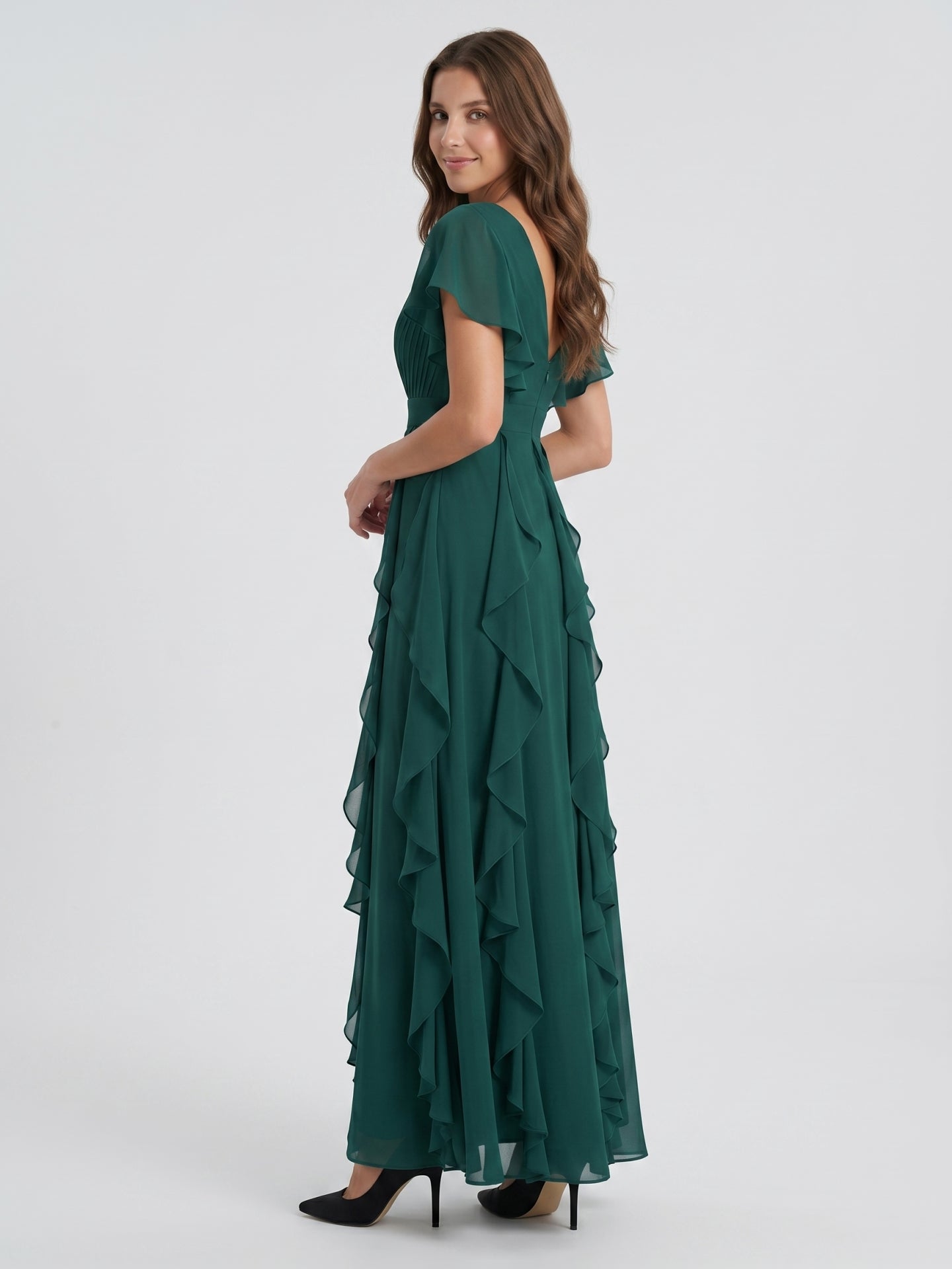 Peacock Chiffon A-Line V-Neck V-Back Floor-Length Ruffle Bridesmaid Dress - Curvevia