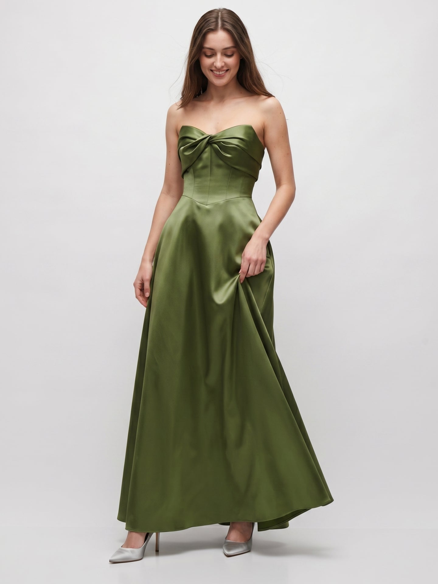 Olive Green Satin A-Line Off-the-Shoulder Back Zip Floor-Length Bridesmaid Dress with Pockets - Curvevia