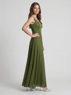 Olive Green Chiffon Column Scoop Neck Backless Floor-Length Bridesmaid Dress - Curvevia
