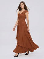 Terracotta Chiffon A-Line One Shoulder Backless Floor-Length Ruffle Bridesmaid Dress - Curvevia
