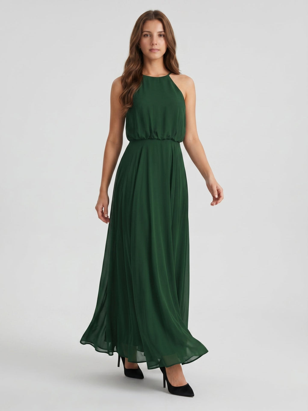 Forest Green Chiffon A-Line Halter Backless Floor-Length Pleated Bridesmaid Dress - Curvevia
