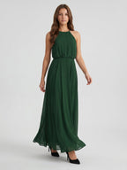 Forest Green Chiffon A-Line Halter Backless Floor-Length Pleated Bridesmaid Dress - Curvevia