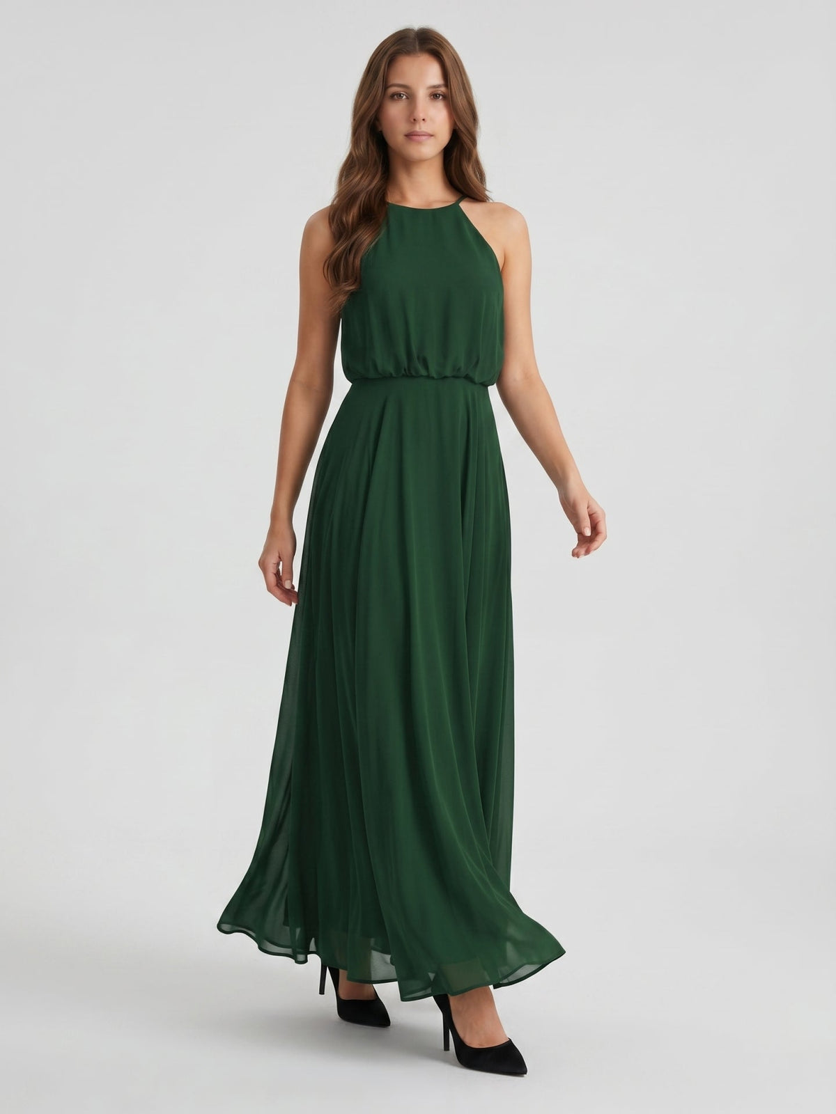 Forest Green Chiffon A-Line Halter Backless Floor-Length Pleated Bridesmaid Dress - Curvevia