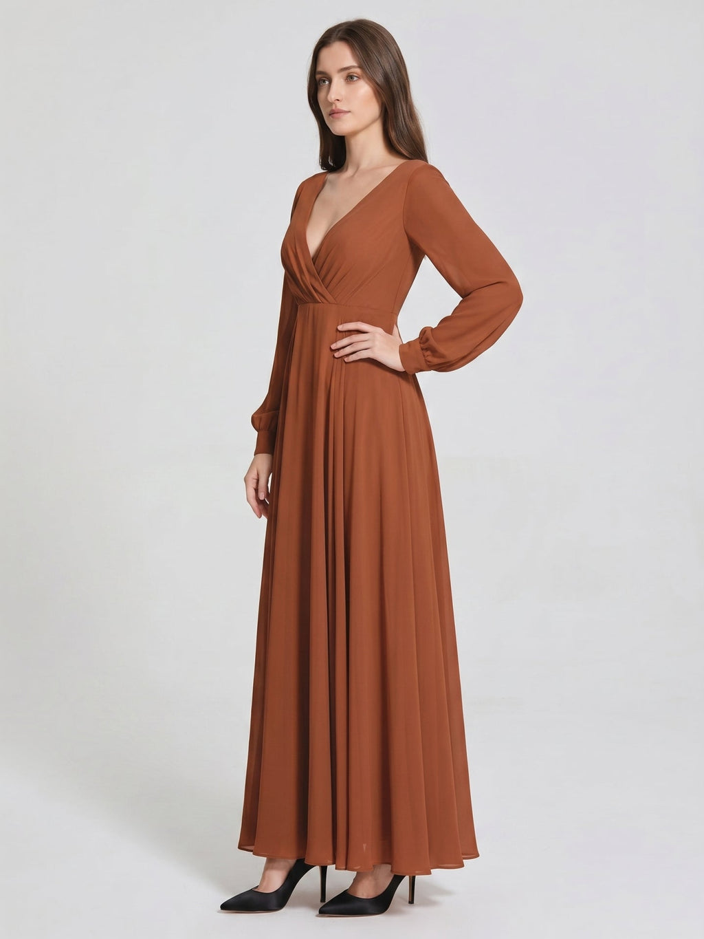 Terracotta Chiffon A-Line V-Neck Back Zip Floor-Length Pleated Bridesmaid Dress - Curvevia