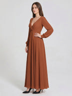 Terracotta Chiffon A-Line V-Neck Back Zip Floor-Length Pleated Bridesmaid Dress - Curvevia