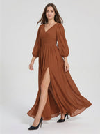 Terracotta Chiffon A-Line V-Neck V-Back Ankle-Length Pleated Bridesmaid Dress - Curvevia