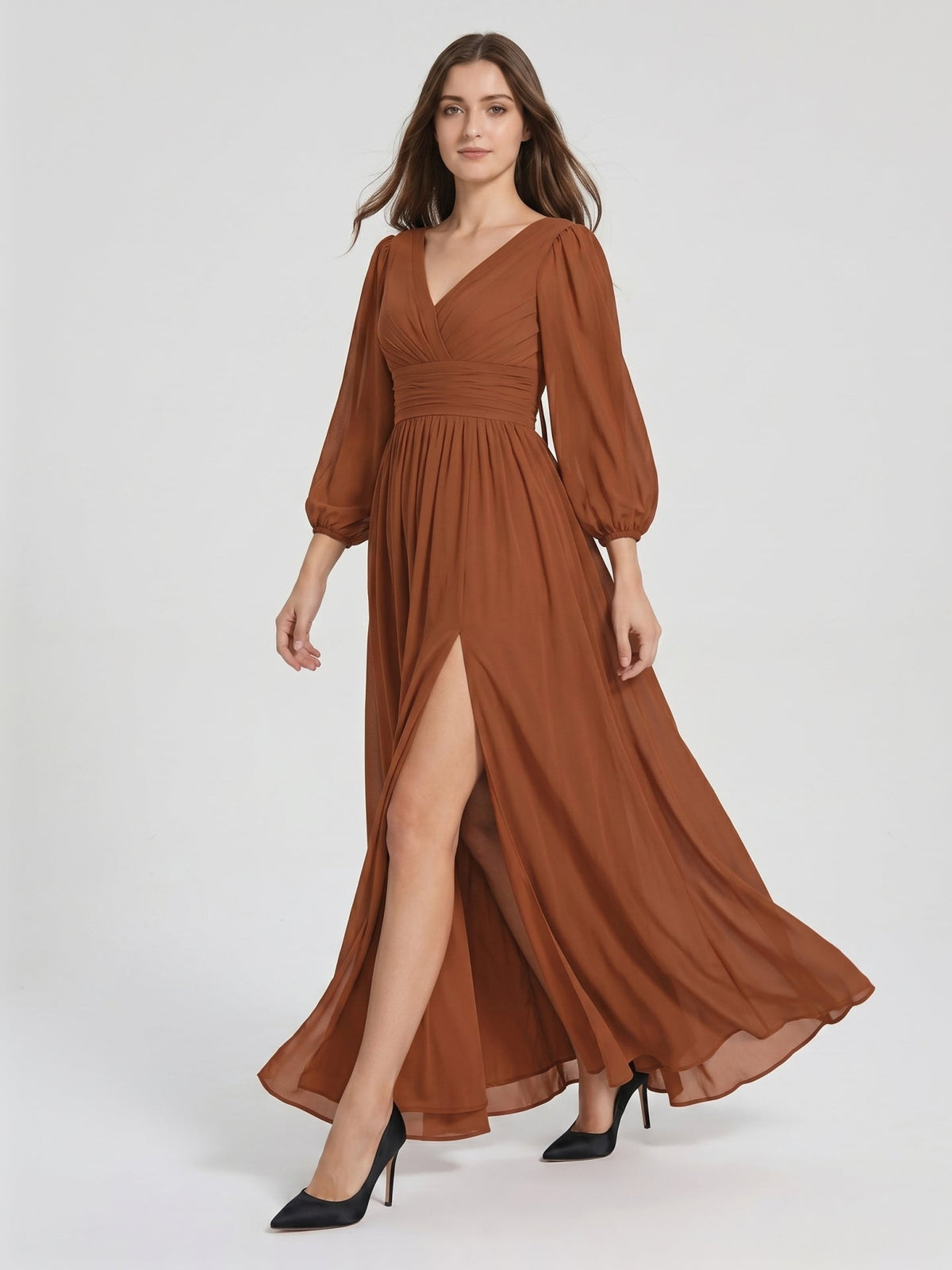 Terracotta Chiffon A-Line V-Neck V-Back Ankle-Length Pleated Bridesmaid Dress - Curvevia