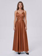 Terracotta Satin A-Line V-Neck Bow Back Floor-Length Bridesmaid Dress with Bow - Curvevia