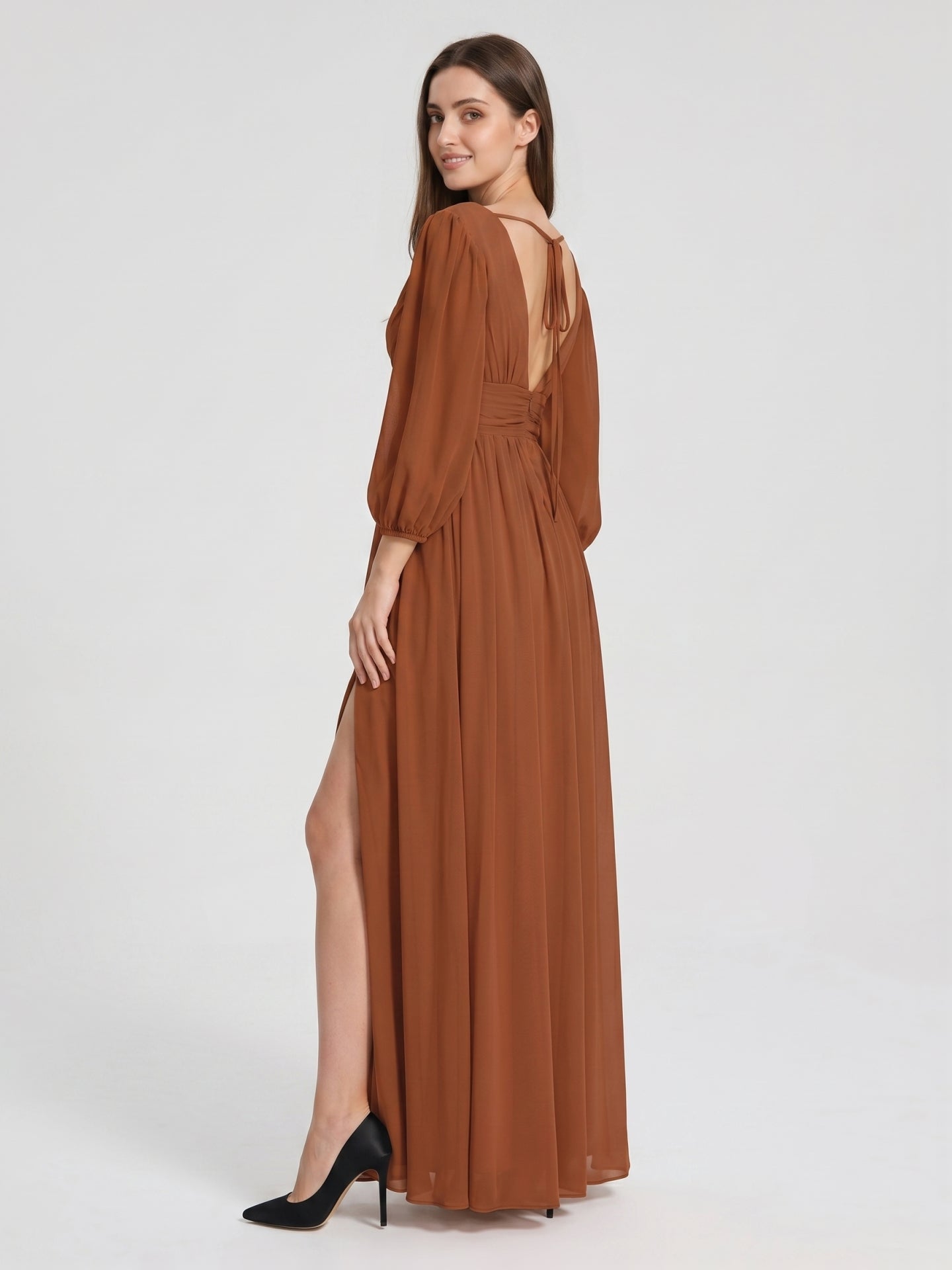 Terracotta Chiffon A-Line V-Neck V-Back Ankle-Length Pleated Bridesmaid Dress - Curvevia