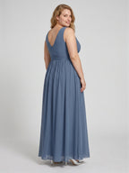 Simple Stormy Chiffon Empire V-Neck Back Zip Ankle-Length Plus Size Bridesmaid Dress - Curvevia