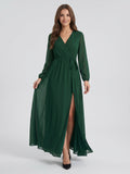 Forest Green Chiffon A-Line V-Neck Back Zip Floor-Length Pleated Bridesmaid Dress - Curvevia