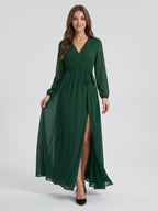 Forest Green Chiffon A-Line V-Neck Back Zip Floor-Length Pleated Bridesmaid Dress - Curvevia