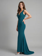 Teal Stretch Knit Mermaid V-Neck Backless Floor-Length Bridesmaid Dress - Curvevia