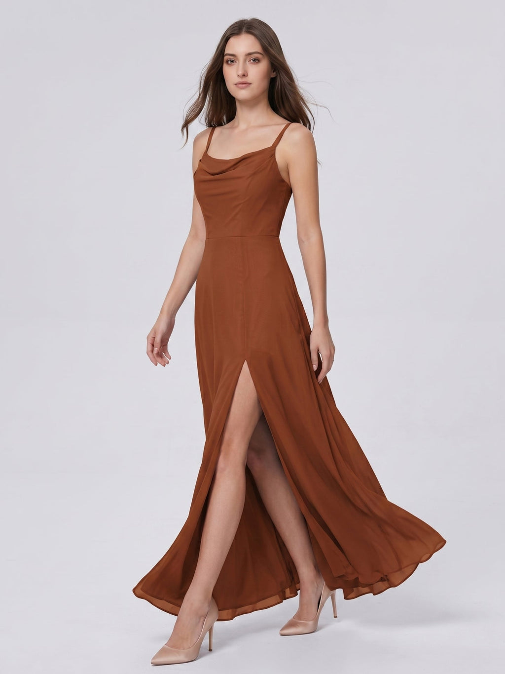 Terracotta Chiffon A-Line Scoop Neck Backless Ankle-Length Bridesmaid Dress - Curvevia