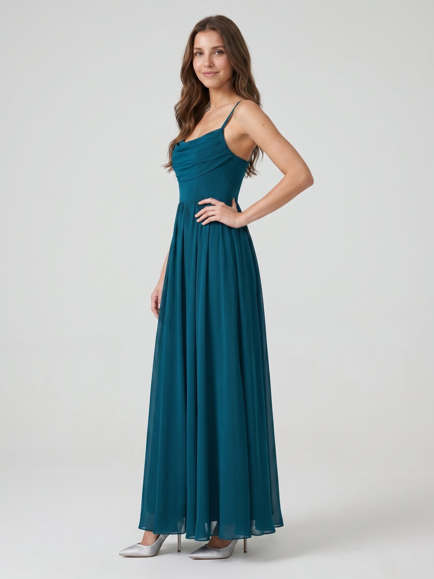 Teal Chiffon A-Line Cowl Neck Backless Floor-Length Pleated Bridesmaid Dress - Curvevia