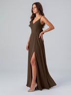Mocha Chiffon A-Line V-Neck Lace-Up Back Floor-Length Bridesmaid Dress with Bow - Curvevia