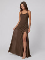Mocha Chiffon Sheath Cowl Neck Criss-Cross Back Floor-Length Pleated Bridesmaid Dress - Curvevia