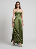 Olive Green Satin A-Line Off-the-Shoulder Back Zip Floor-Length Bridesmaid Dress with Pockets - Curvevia