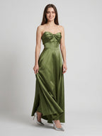 Olive Green Satin A-Line Off-the-Shoulder Back Zip Floor-Length Bridesmaid Dress with Pockets - Curvevia