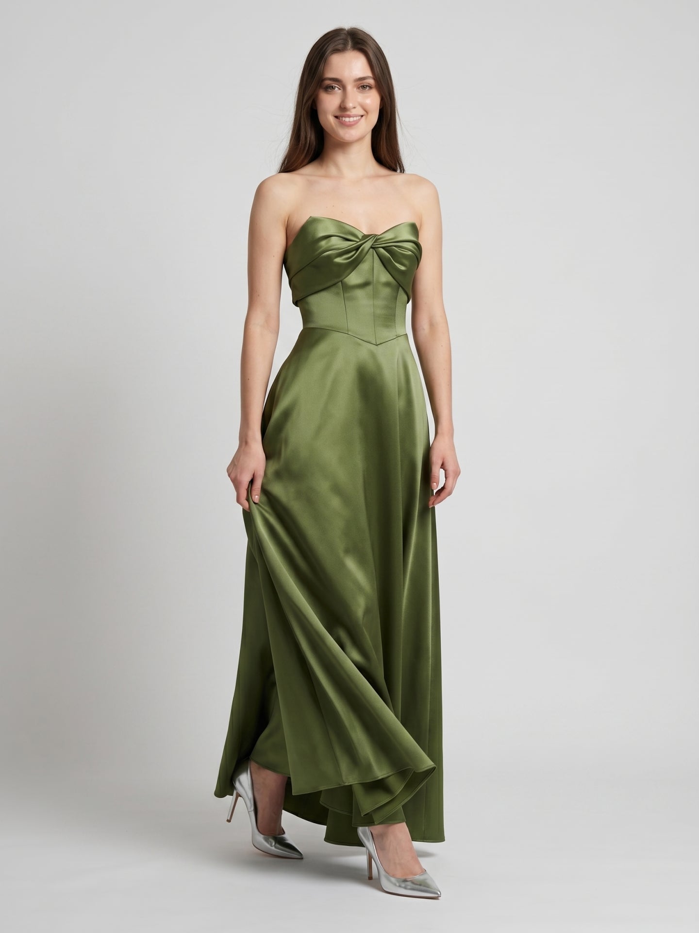 Olive Green Satin A-Line Off-the-Shoulder Back Zip Floor-Length Bridesmaid Dress with Pockets - Curvevia