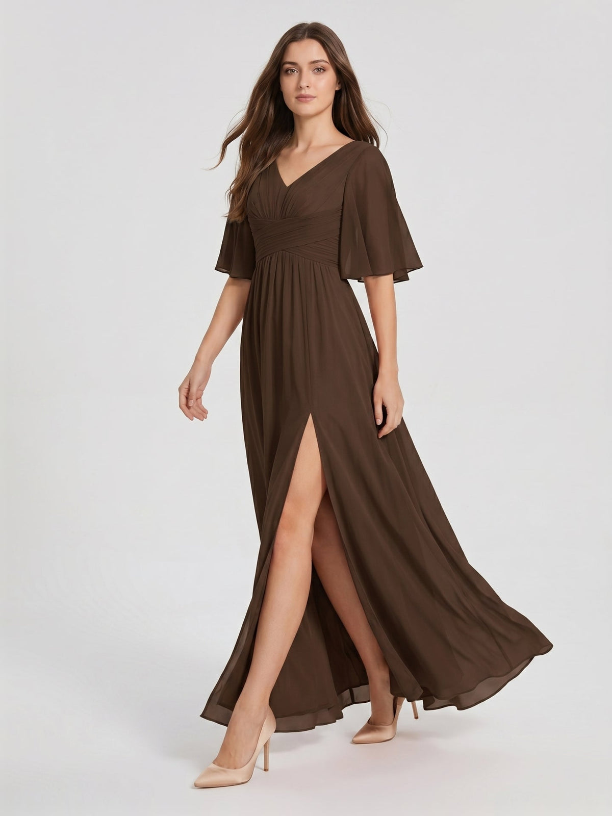 Mocha Chiffon A-Line V-Neck V-Back Ankle-Length Bridesmaid Dress - Curvevia