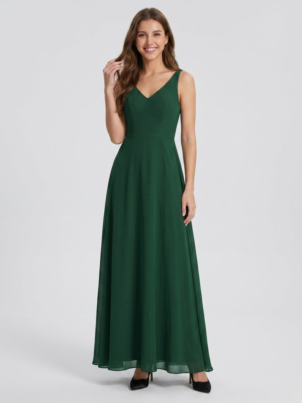 Forest Green Chiffon A-Line V-Neck Bow Back Floor-Length Bridesmaid Dress with Bow - Curvevia