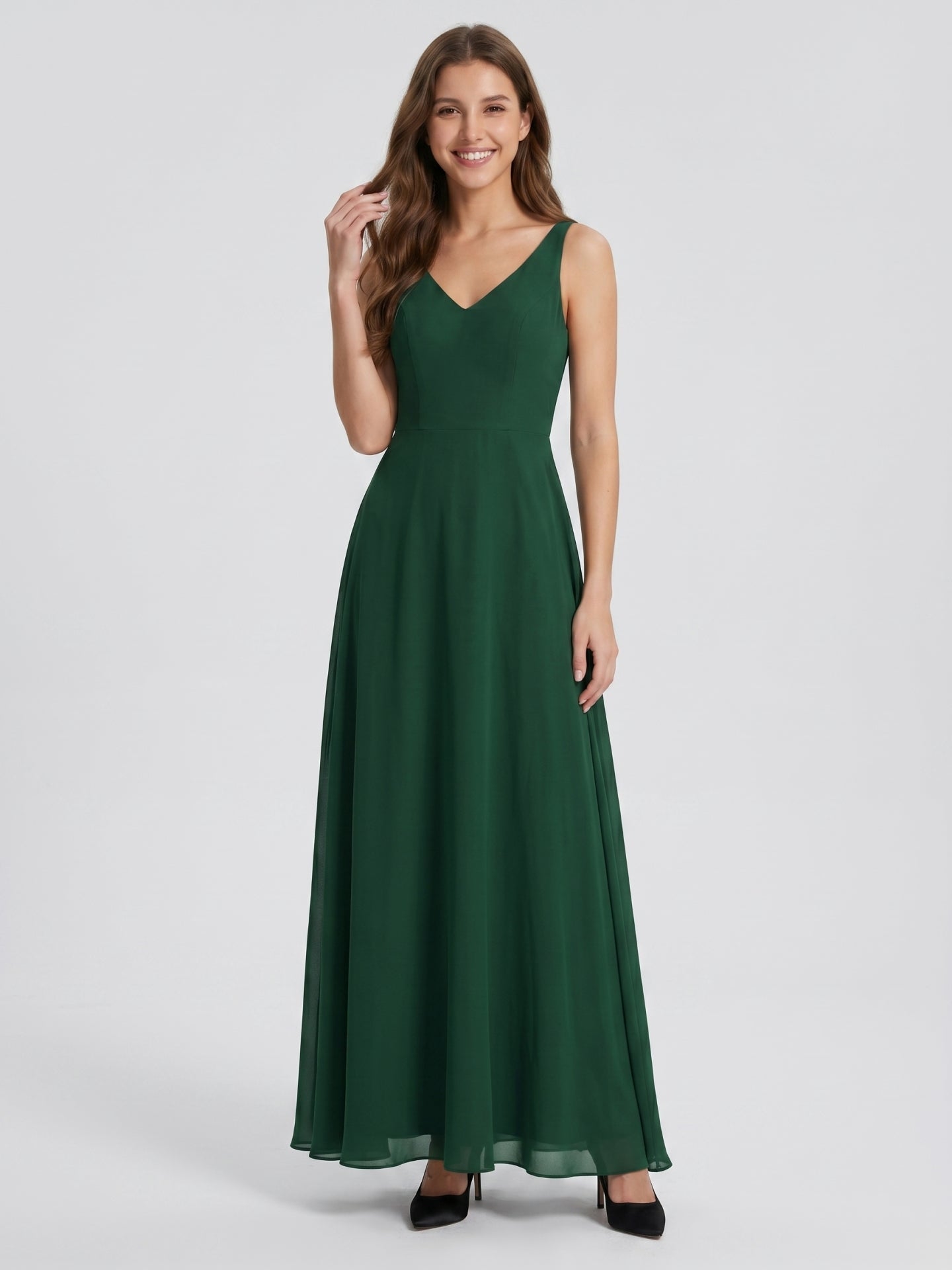 Forest Green Chiffon A-Line V-Neck Bow Back Floor-Length Bridesmaid Dress with Bow - Curvevia
