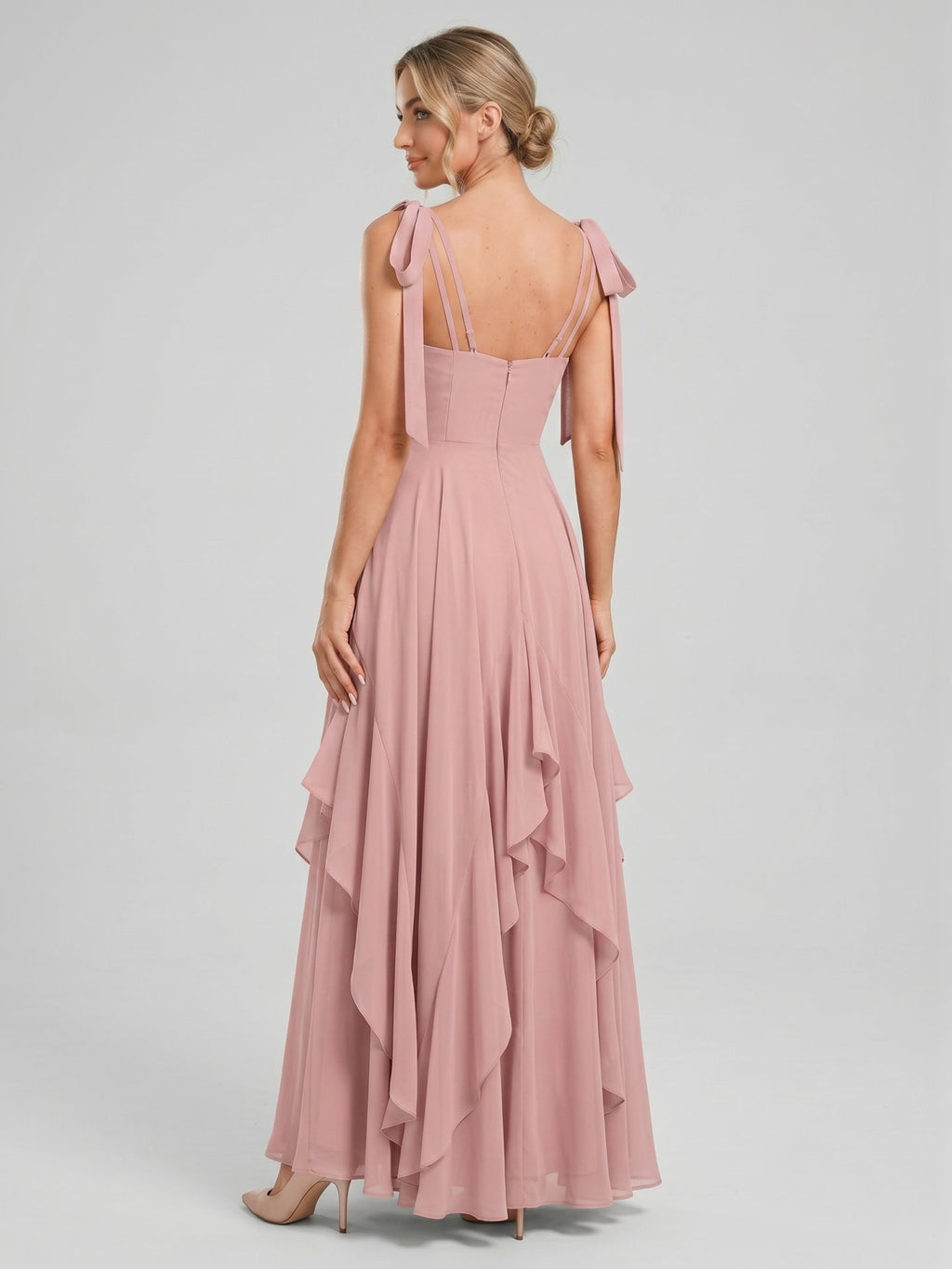Sweet & Flowy Dusty Rose Chiffon A-Line V-Neck Back Zip with Ruffle Ankle-Length Bridesmaid Dress - Curvevia