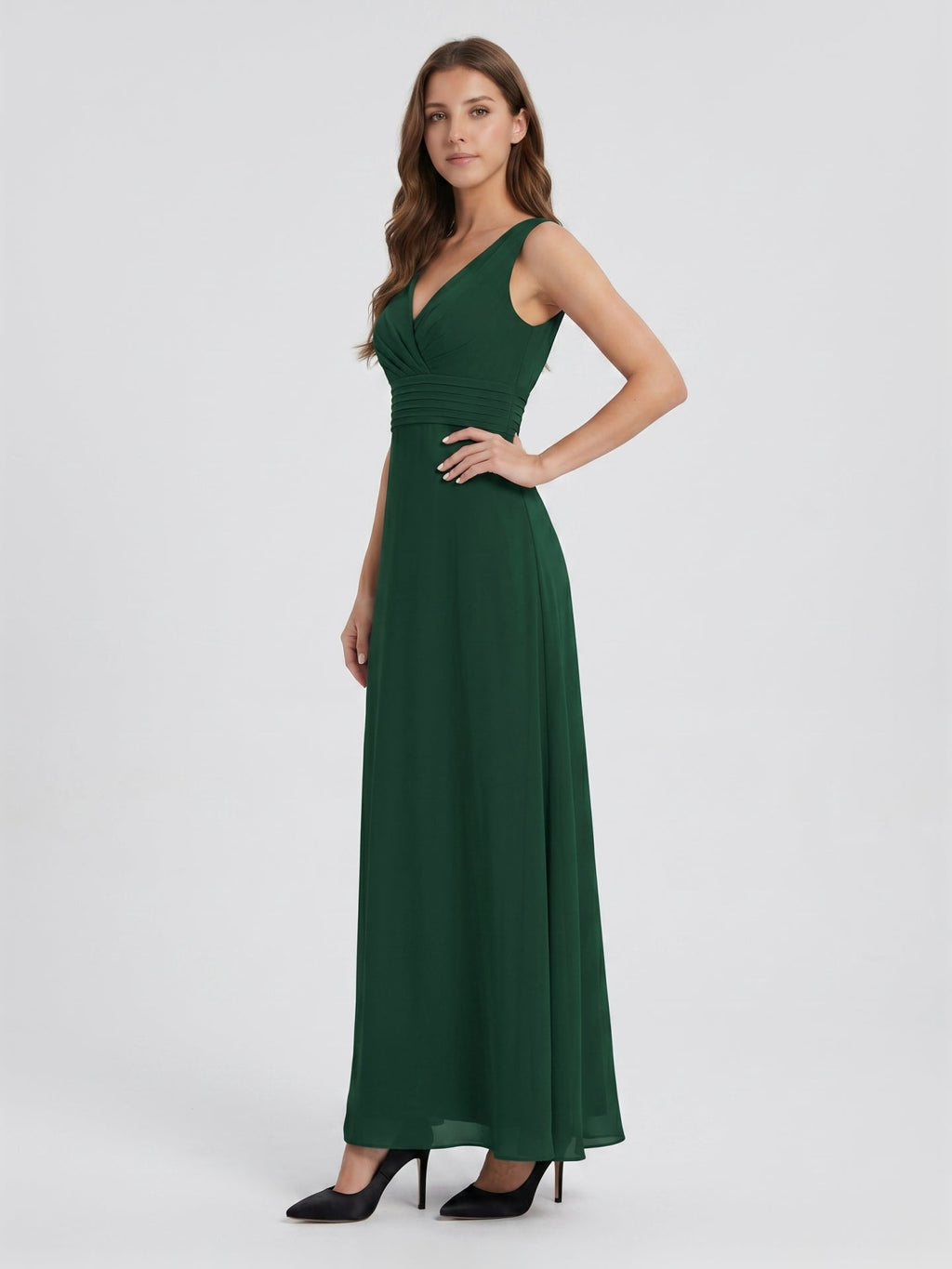 Forest Green Chiffon A-Line V-Neck Keyhole Back Floor-Length Pleated Bridesmaid Dress - Curvevia